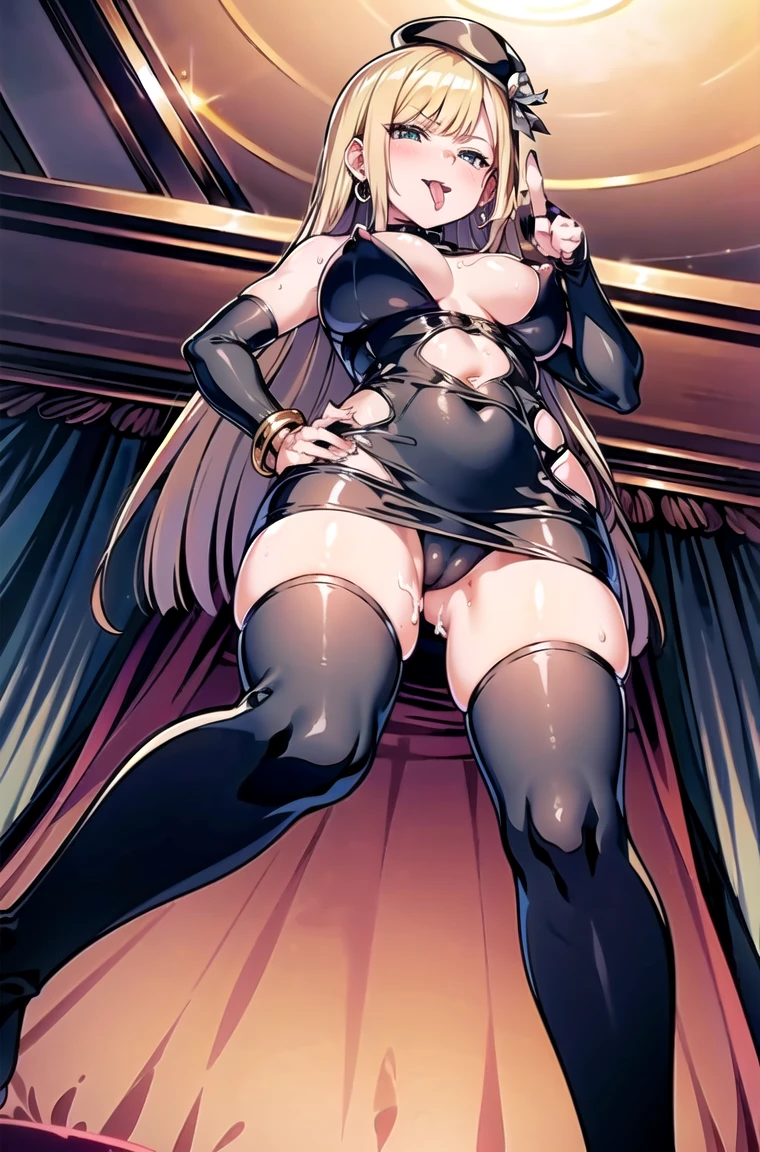 (最high quality, 8k, masterpiece: 1.3, Ultra HD, high quality, 最high quality, High resolution),1 girl,((Middle finger:1.5)),(Five Fingers,Hands on hips:1.3),(Black bodycon dress:1.5),Black underwear:1.1,Micro Dress, Shiny Dress, Elbow hand pockets:1.2, belly button:1.1, (Waist cutout:1.5),mini skirt, (Thigh-high socks:1.5),clavicle:1.1,Large areola,Puffy nipples, Huge breasts,O-ring:1.2, necklace, bracelet, Golden, jewelry,Hoop Earrings,reines,:2.0,Primary school students:2.0,Sweat:1.5,vapor:1.5,excessive cum:1.1,undefined,Big Tits:2.0,Glowing purple eyes:1.2,Looking at the audience,Absurd, brainwashing,Hollow Eyes:1.2,(long tongue:1.5),despise:1.7,Ecstatic expression:1.5,anger:1.7,excited:1.5,Taunt:1.5,beret,avert your eyes ,Full body portrait,(night,Canopy bed bedroom:1.2),(from below:2.1), 最high quality、4K、8k、High resolution、Must have:1.2、非常にdetailed,Hyper HD、Studio Lighting、Ultra High Definition Paint,Physically Based Rendering、極限までdetailedに、Professional specifications、Vibrancy and color、Blurred,Game CG, Anime screenshots, Official Art,アニメ Big Tits,Perfect body,Improved cost performance,masterpiece,c最high quality, Official Art, extremely detailed CG unity 8k wallpaper,Sharp focus: 1.5, Very detailed CG unity 8K wallpaper, Dark cinema lighting, Shiny skin, Glowing Skin,detailed,
