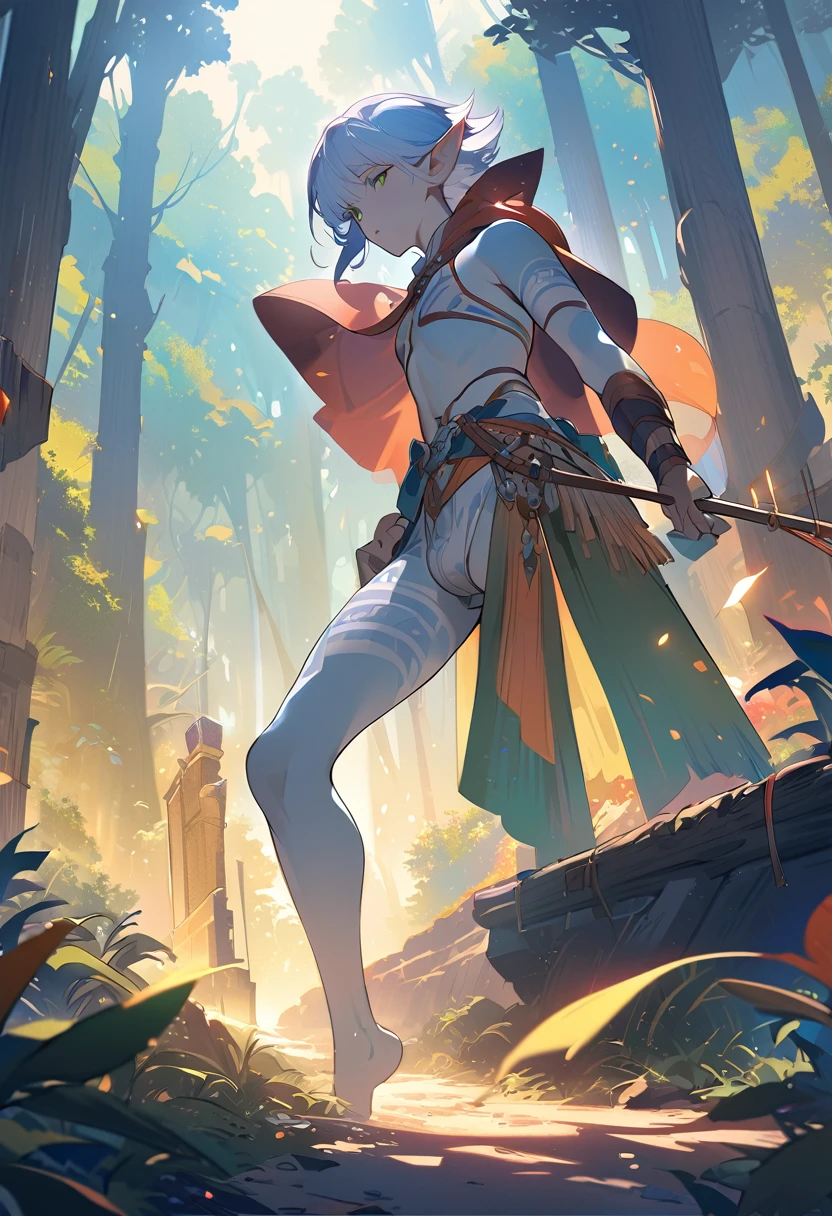 1boy, trap, wood elf, short white hair, green eyes, full lips, dark skin, white tribal tattoos, flat chest, bare-chested, thong, crotch bulge, holding a bow, fantasy background, textured skin, UHD, UHD, UHD, UHD, award winning, high details, incredible high-key lighting and shadows, masterpiece, incredible illustration (anime style:1.5), modernism art, digital art pastel style, forest background