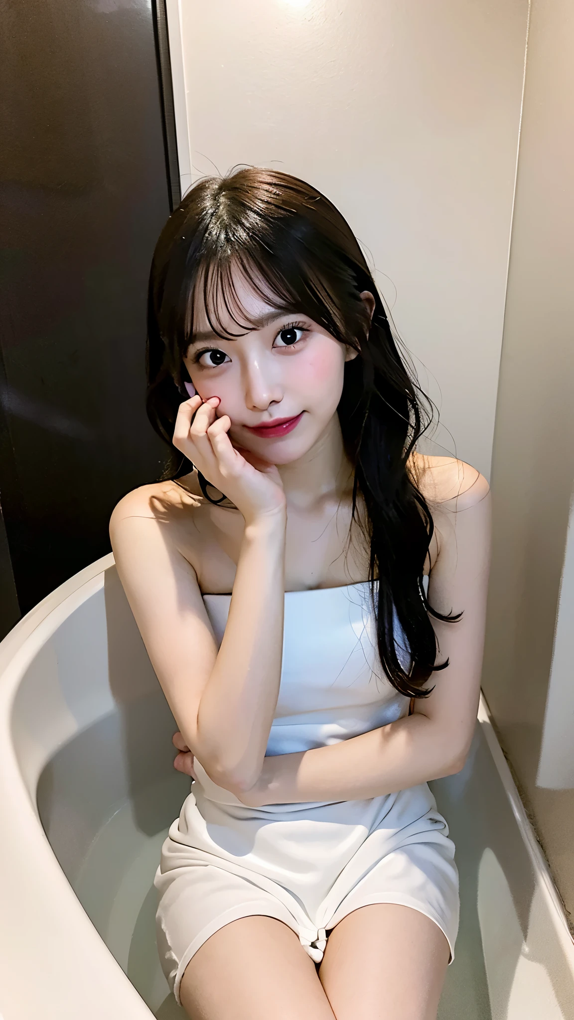 A girl sitting in a white bathroom, taking a selfie while covering her mouth with her hand. The background is a clean, white bathtub, giving a minimalistic and bright atmosphere.Topless, in the bath,ahegao