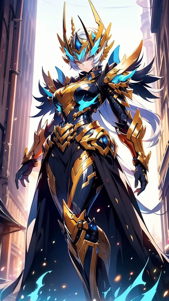 A woman adorned in fantasy-style full-body armor, a crown-concept fully enclosed helmet that unveils only her eyes, a composite layered chest plate, fully encompassing shoulder and hand guards, a lightweight waist armor, form-fitting shin guards, the overall design is heavy-duty yet flexible, (the armor gleams with a golden glow, complemented by red and blue accents), exhibiting a noble aura, she floats above a fantasy-surreal high-tech city, this character embodies a finely crafted fantasy-surreal style armored hero in anime style, exquisite and mature manga art style, (mixture of Queen bee and Spider concept Armor, plasma), ((Element, elegant, goddess, femminine:1.5)), metallic, high definition, best quality, highres, ultra-detailed, ultra-fine painting, extremely delicate, professional, anatomically correct, symmetrical face, extremely detailed eyes and face, high quality eyes, creativity, RAW photo, UHD, 32k, Natural light, cinematic lighting, masterpiece-anatomy-perfect, masterpiece:1.5