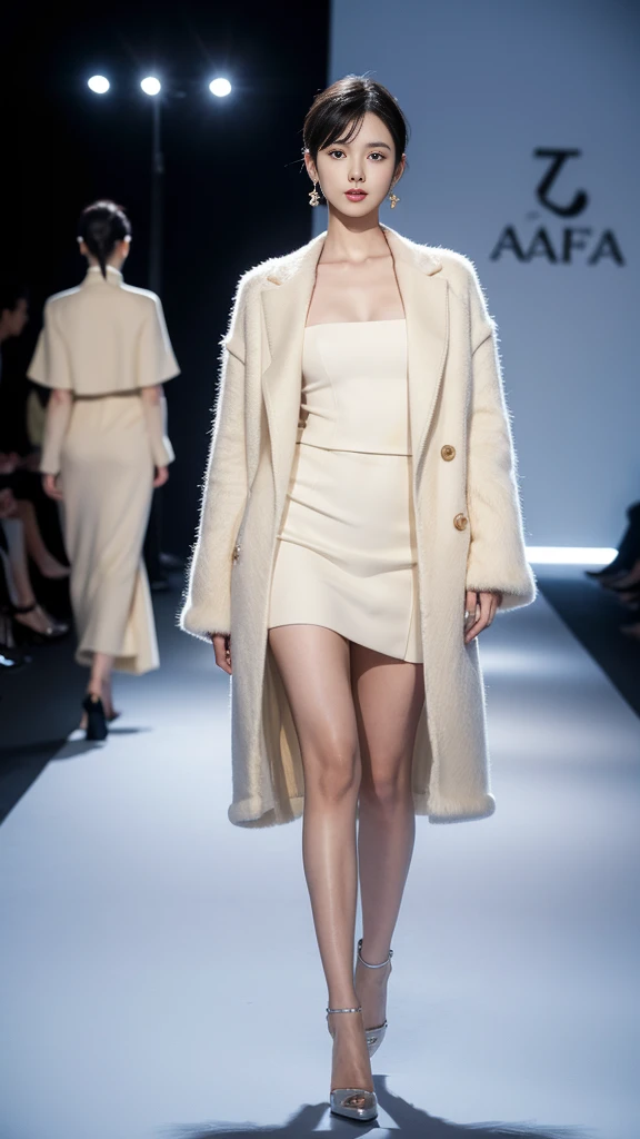 Korean woman, very beautiful, Perfect face, Very short hair, She is a model,Walk the catwalk in luxurious clothes from Paris Fashion Week, wearing expensive earrings, Perfect full body, She is being photographed