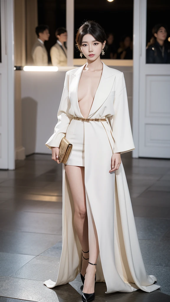 Korean woman, very beautiful, Perfect face, Very short hair, She is a model,Walk the catwalk in luxurious clothes from Paris Fashion Week, wearing expensive earrings, Perfect full body, She is being photographed