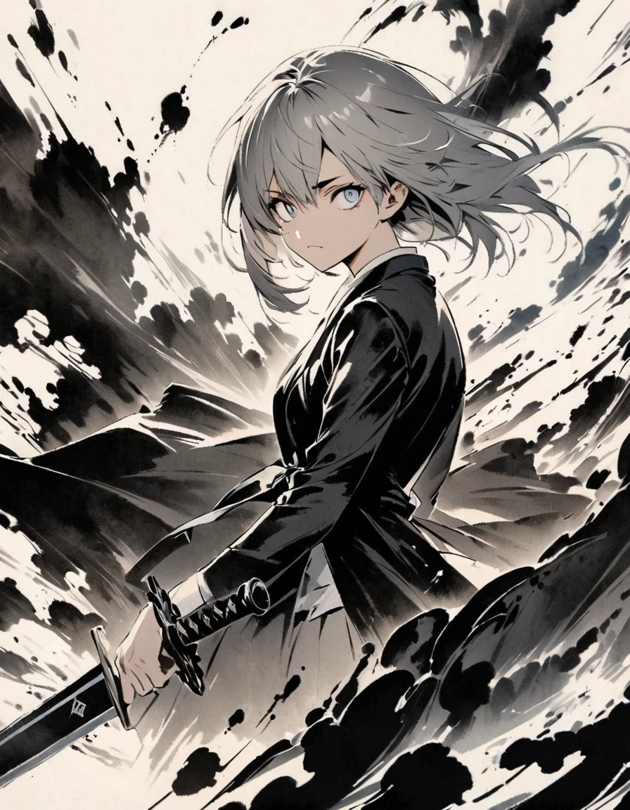 Short grey hair Sharp eyes　28 years old　Hold a longsword　Damaged black suit　Ink painting art
