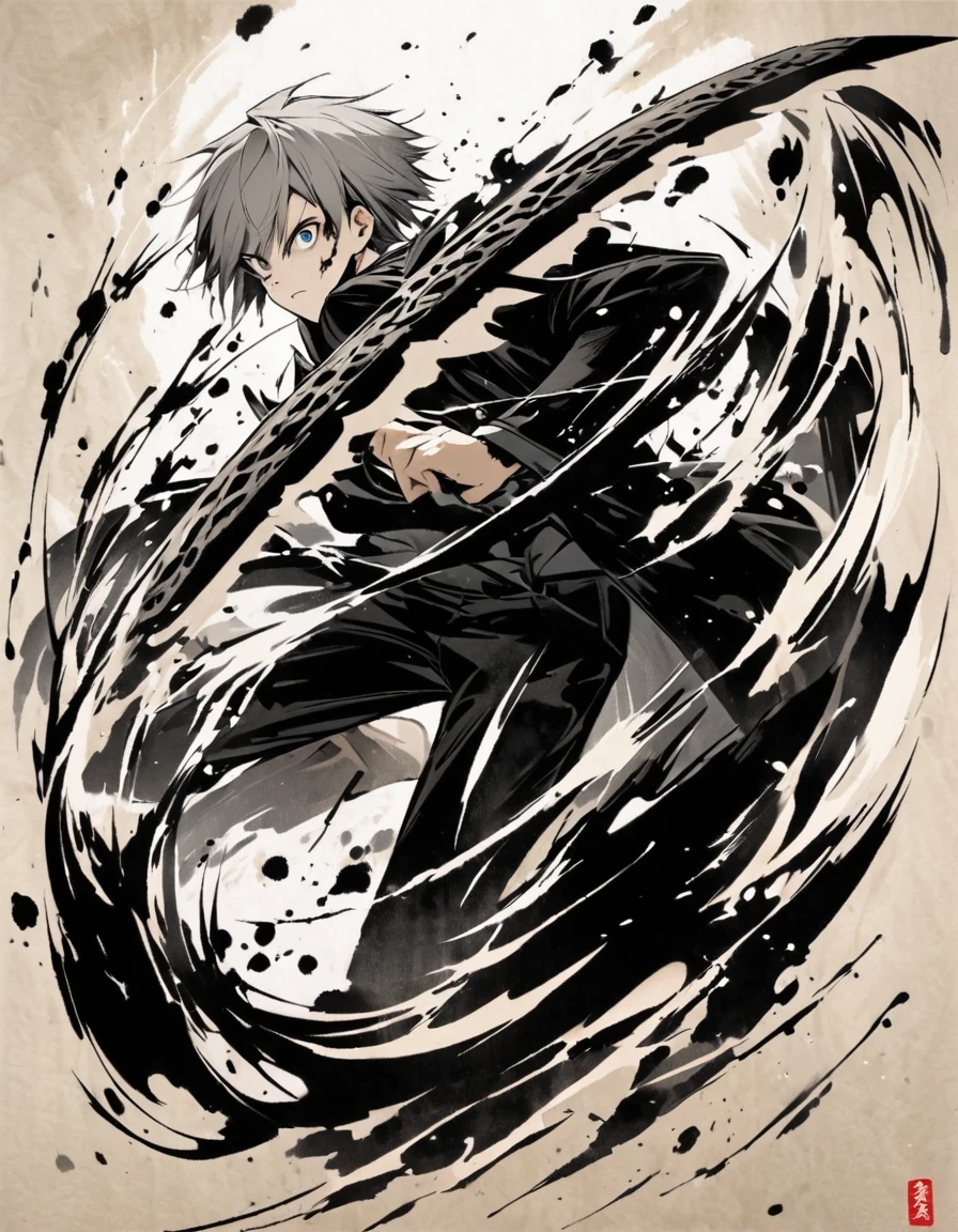 Short grey hair Sharp eyes 28 years old Hold a longsword Damaged black suit Ink painting art