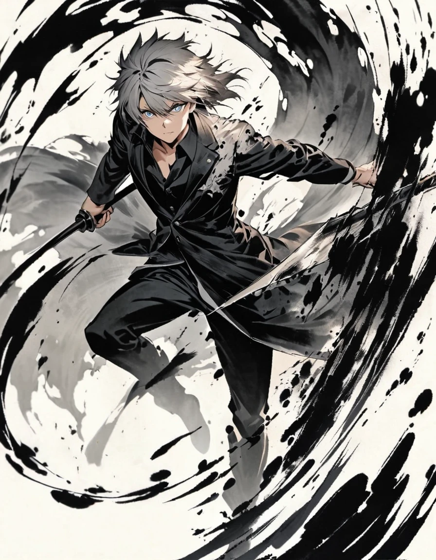 Short grey hair Sharp eyes 28 years old Hold a longsword Damaged black suit Ink painting art