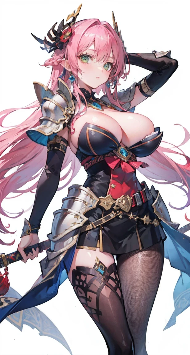 4K,high resolution,2 girls,pink hair,long hair,braid,green eyes,big breasts,Naga queen,白色のNaga queen服,removable arms,white samurai armor,full armor,Heavy armor,black fishnet stockings,decorative ornaments,large Japanese sword,Medieval Village,Show your breasts,large breasts,see nipples,