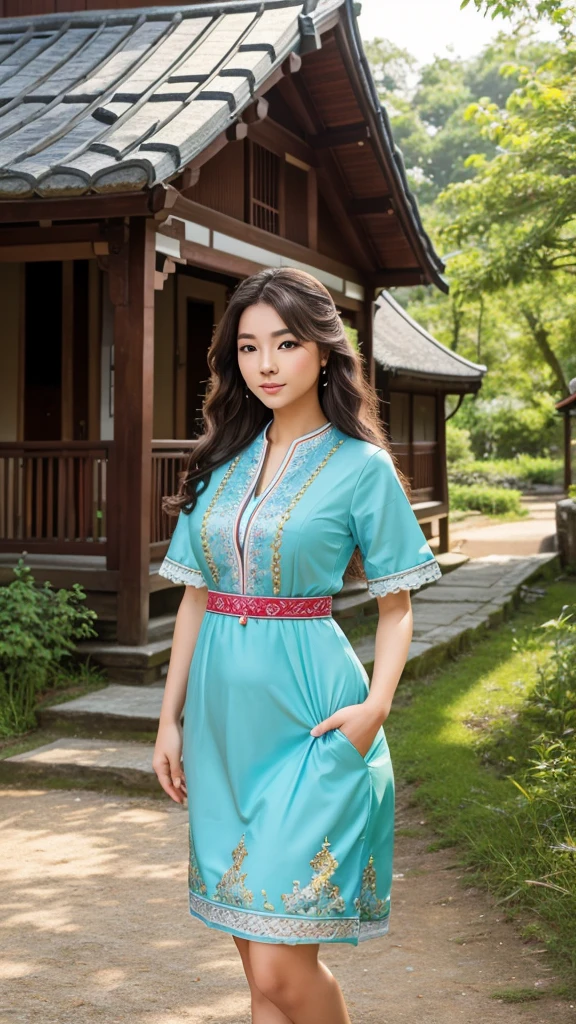 Create an 8k, high-quality, UHD photo of a beautiful Japanese girl with a chubby body, slim belly, and slim waist. She should be dressed as a princess in a modern, elegant embroidered outfit with a different style. Change her attire to a traditional yet stylish embroidered dress in vibrant colors. The dress should be intricately designed with detailed patterns, reflecting cultural richness.
Capture her full-length body, showcasing smooth, spotless white skin, and a beautiful face with light blue eyes, long thick eyelashes, and well-shaped thick eyebrows. Her wavy hair should frame her face perfectly.
The background should depict a serene village scene with traditional houses, greenery, and winding paths. Include elements like a calm river running through the village, children playing, villagers engaging in daily activities, and farm animals. The setting should be warm and welcoming, with vibrant colors and detailed textures to enhance the village atmosphere.