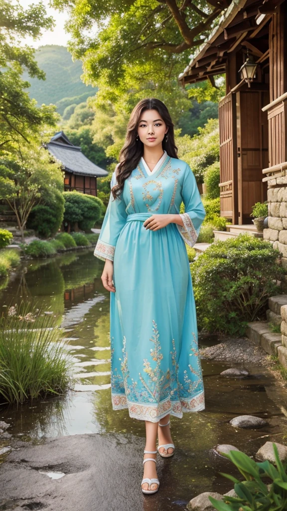Create an 8k, high-quality, UHD photo of a beautiful Japanese girl with a chubby body, slim belly, and slim waist. She should be dressed as a princess in a modern, elegant embroidered outfit with a different style. Change her attire to a traditional yet stylish embroidered dress in vibrant colors. The dress should be intricately designed with detailed patterns, reflecting cultural richness.
Capture her full-length body, showcasing smooth, spotless white skin, and a beautiful face with light blue eyes, long thick eyelashes, and well-shaped thick eyebrows. Her wavy hair should frame her face perfectly.
The background should depict a serene village scene with traditional houses, greenery, and winding paths. Include elements like a calm river running through the village, children playing, villagers engaging in daily activities, and farm animals. The setting should be warm and welcoming, with vibrant colors and detailed textures to enhance the village atmosphere.