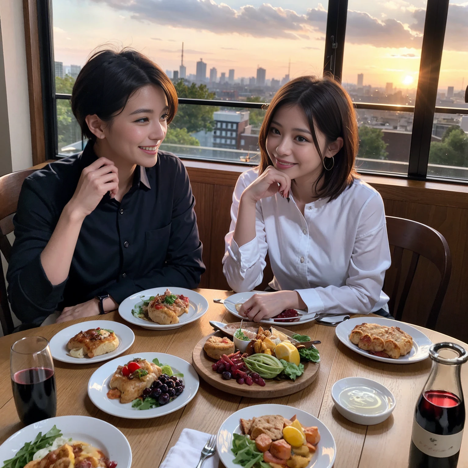 ((Highest quality、8k、masterpiece:1.3))、 (Genuineistic, Genuine、Bright image、Intricate details:1.2), 最高のsmile、1 male,1 female、Beautiful couple、spouse、Satomi Ishihara-like lover、Good friend、actress couple、smile、Full-course dinner at a packed table、 (Slim face), (the body is slim), (Brown Hair), (short hair), テーブルのwine glass、Please shine a light on my face、 Amazing view of the sunset sky and clouds、 (33 years old)38 years old, red wine 、Appetizers、Wine bottle、sparkling wine、Long sleeve shirt、dress、White wine, red wine, wine glass,