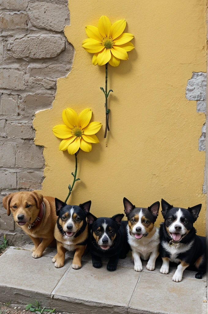 3 dog in near a wall and above the wall hanged yellow colour flower