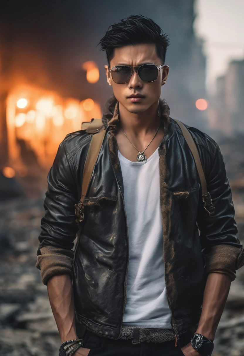 (best quality,4K,ultra-detailed),(realistic:1.37),(high resolution,photorealistic)portrait,asian male model,Attractif,combinaison de combat noire,dark short hair,yeux noirs,lunettes oranges,Desolate post-apocalyptic background,dramatic lighting,style granuleux,Des couleurs vives,paysage urbain en ruine,serious expression,regard intense,cicatrices sur le visage,traits du visage forts,sharp jawline.,Subtle smoke effects,contraste saisissant,Threatening atmosphere,posture confiante,construction musculaire,ville en ruines,Ruined buildings,Dust and debris in the'air, pourriture,arrière-plan semi-flou,texture granuleuse,soupçon de danger et de mystère