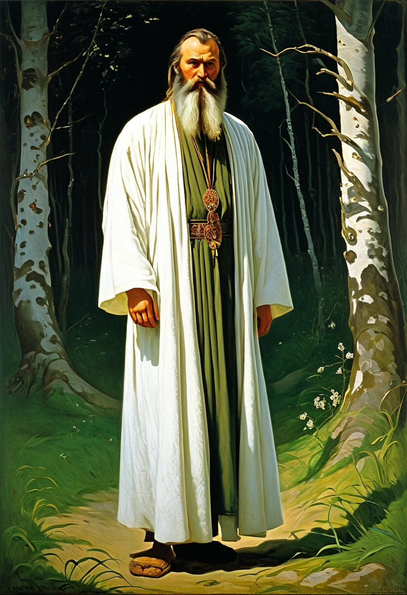 arafed image of a man with a long beard and a white robe, slavic mythology, by Roman Bezpalkiv, russian academic painting, а fantasy proto-slavic mythology, by Vladimir Borovikovsky, by Alexander Ivanov, norse god, academic russian painting, by Alexander Kucharsky, by Serhii Vasylkivsky