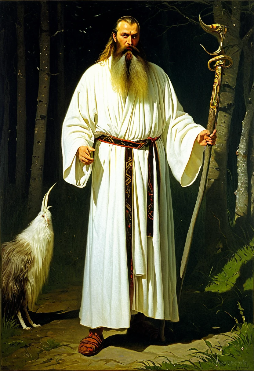 arafed image of a man with a long beard and a white robe, slavic mythology, by Roman Bezpalkiv, russian academic painting, а fantasy proto-slavic mythology, by Vladimir Borovikovsky, by Alexander Ivanov, norse god, academic russian painting, by Alexander Kucharsky, by Serhii Vasylkivsky