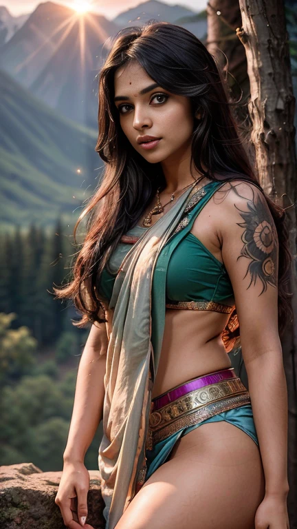 30 year old indian woman, wearing Saree, long braid hair, mountain forest, ultra realistic, realism, cute, charming, dusk time, sunset, medium height, big eyes, tattooed hands, sexy, ambient lighting, lens flare, god rays, perfect anatomy, detailed body and face, 8k