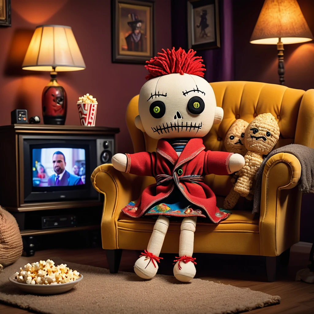 (knitted toy voodoo doll: 1.5), (voodoo in the apartment from the "friends" series: 1.7), (clothes: casual 90s outfit: 1.0), (accessories: enchanted coffee cup, couch pillow: 1.1), (background: iconic apartment with floating photo frames, glowing Central Perk sign, and a sense of camaraderie: 1.2), best quality, masterpiece, detailed soft oil painting, detailed background, dramatic cinematic lighting, soft edge lighting, professional, dramatic lighting, hard edge lighting, ultra quality, 4k,masterpiece, best quality, 8k, ultra highres, highres, extremely detailed