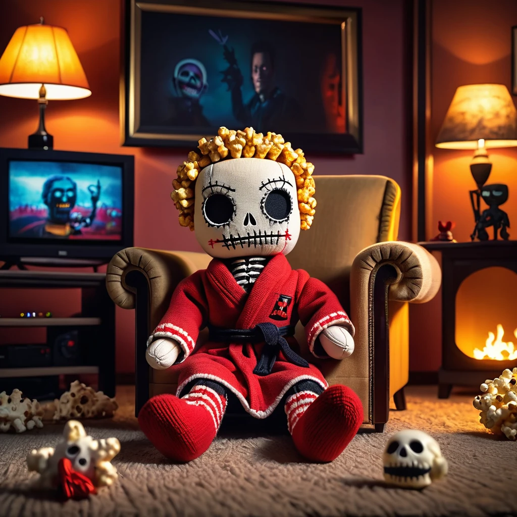 (knitted toy voodoo doll:1.2), Voodoo doll watches TV, Clothes House robe and slippers, in the background Living room with a sofa, TV, around - chips, popcorn and a remote control. On the TV screen you can add some funny or scary image, best quality, masterpiece, soft oil painting, detailed background, dramatic cinematic lighting, soft edge lighting, professional, dramatic lighting, hard edge lighting, ultra quality, 4k, masterpiece, best quality, 8k, super high definition, high de