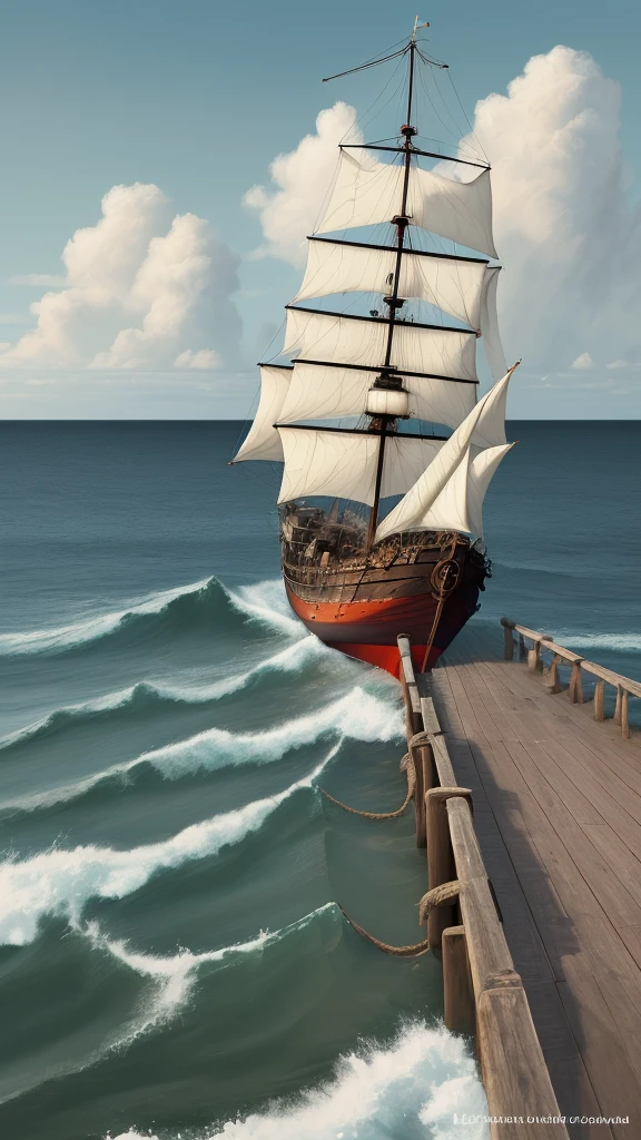 A ship floating on the sea，Barrels and scattered reins were neatly placed on the wooden deck.，There is a kerosene lamp on the guardrail for lighting.，In the distance, two ships are floating on the rough sea.，An island in the distance，There is also blue sky, white clouds and seagulls，Natural light，High-definition quality，High-quality posters,Oil painting texture，