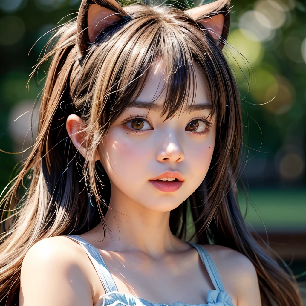 (a beautiful girl with rabbit ears), long messy brown hair, head tilted, (best quality,4k,8k,highres,masterpiece:1.2),ultra-detailed,(realistic,photorealistic,photo-realistic:1.37),intricate, detailed portrait,8K,((masterpiece)), ((best quality)), (ultra-detailed), High detail, professional photograph, highest quality, floating hair, beautiful detailed, (((realistic))), hyper realistic character,natural lighting ,beautiful detailed eyes,1girl, solo,blunt bangs, realistic, (Black ruffled blouse1.4),(Big Breasts)