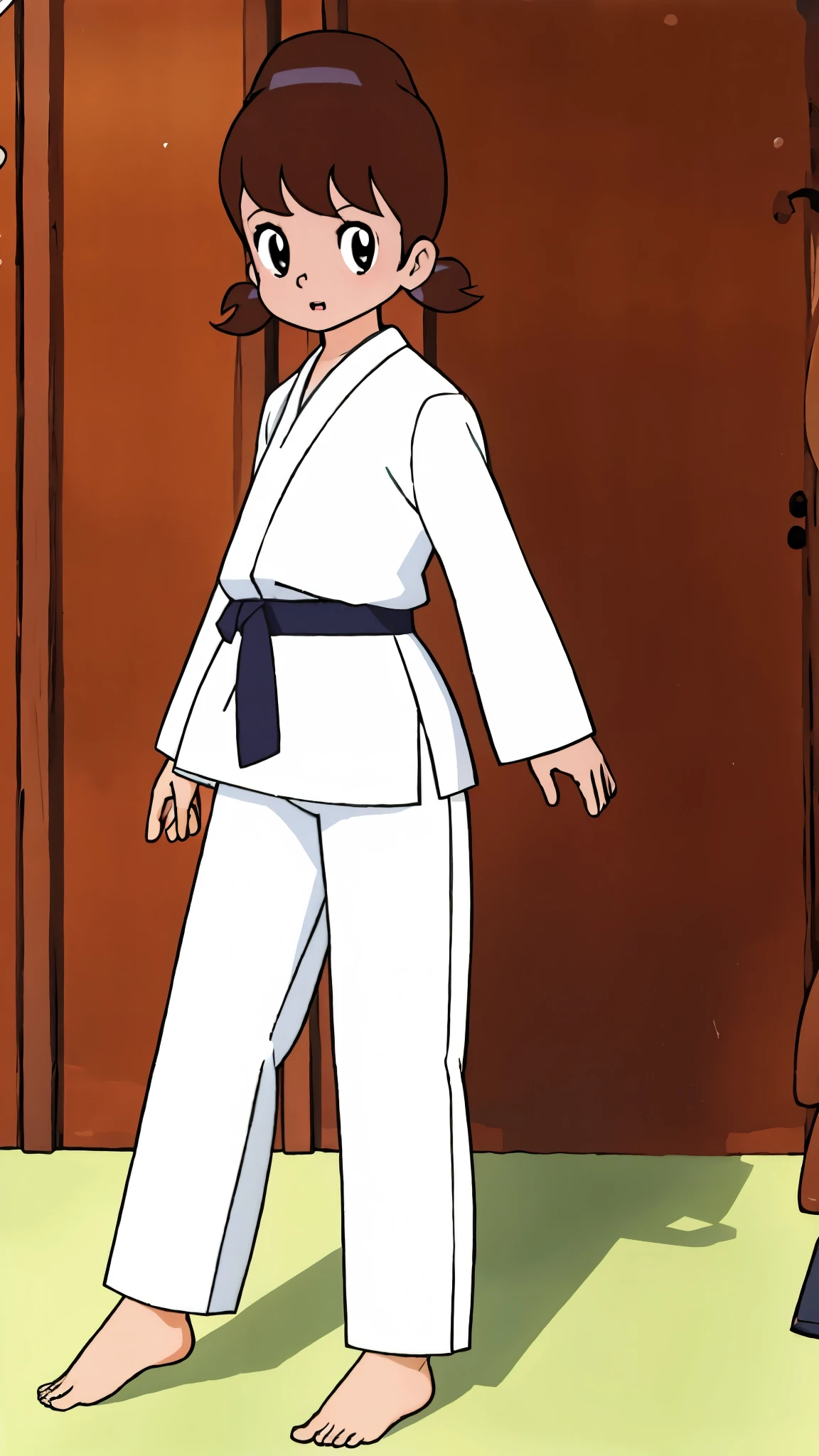 , highest quality, alone,1 girl,
 Akko-chan、Long sleeve white judo wear、白いJudo pants、barefoot、gym、On the tatami、Judo Posture、Grit your teeth、fight。

Wearing a judo uniform、Black belt、Ready to fight、