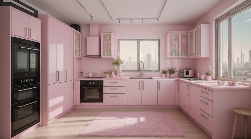 masterpiece, Absurd, High resolution, 8k, amazing, landscape, background, ((RAW Photos)), ((Realistic)), break, Cyberpunk Style, cute, Cyberpunk Style apartment, pink, cute, pastel colour, cutetech, Comfortable bed, Pastel Kitchen, Glass Closet