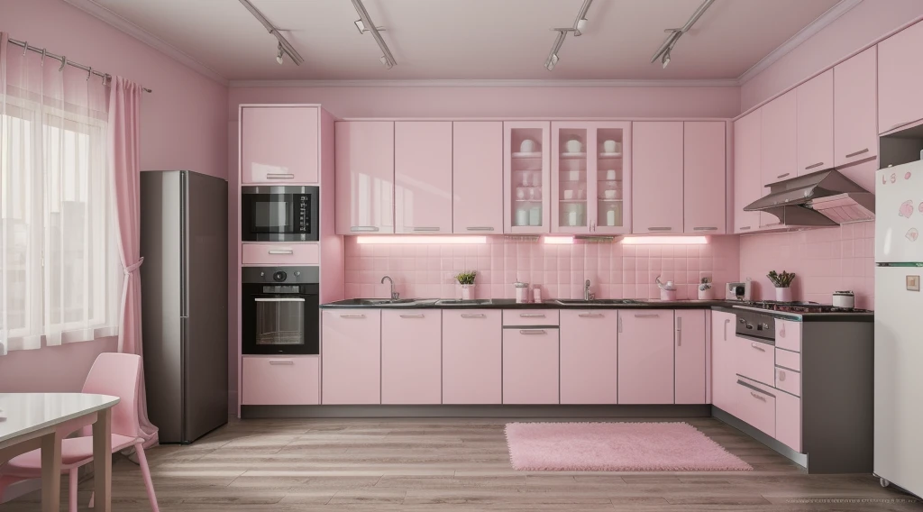 masterpiece, Absurd, High resolution, 8k, amazing, landscape, background, ((RAW Photos)), ((Realistic)), break, Cyberpunk Style, cute, Cyberpunk Style apartment, pink, cute, pastel colour, cutetech, Comfortable bed, Pastel Kitchen, Glass Closet