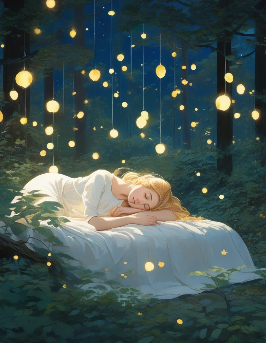 masterpiece, Highest quality,In the dense forest、背の高い暗いwood々A quiet night scene where the trees form a natural canopy。In the foreground、A young woman with long blonde hair is sleeping peacefully on a white mattress、The mattress blends in with the forest floor。She is wearing a loose white off-the-shoulder blouse and black pants.、Sleeping on your side with your hands clasped gently next to your face。The scene is illuminated by the soft and mysterious light of countless fireflies and butterflies floating around her.、It casts a magical light on the environment.。wood々The dark blue sky with scattered stars visible through the canopy of the、It enhances the fantastic atmosphere.。The overall mood is tranquil and dreamy.。