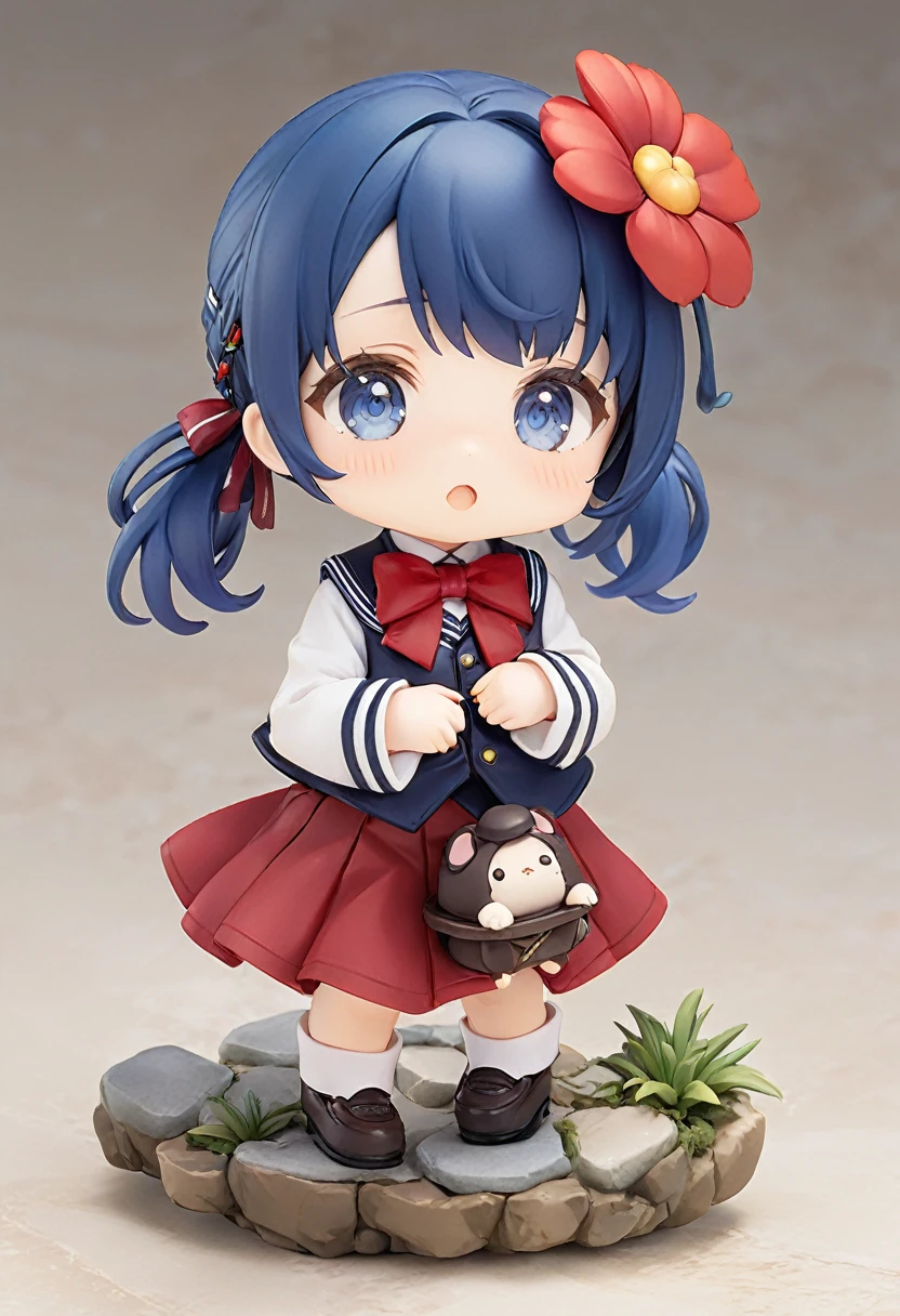 Blue Hair，Double low ponytail，Ponytail with red flower hairpin，Navy blue，skirt，Red bow tie，Q version，Tiny cute