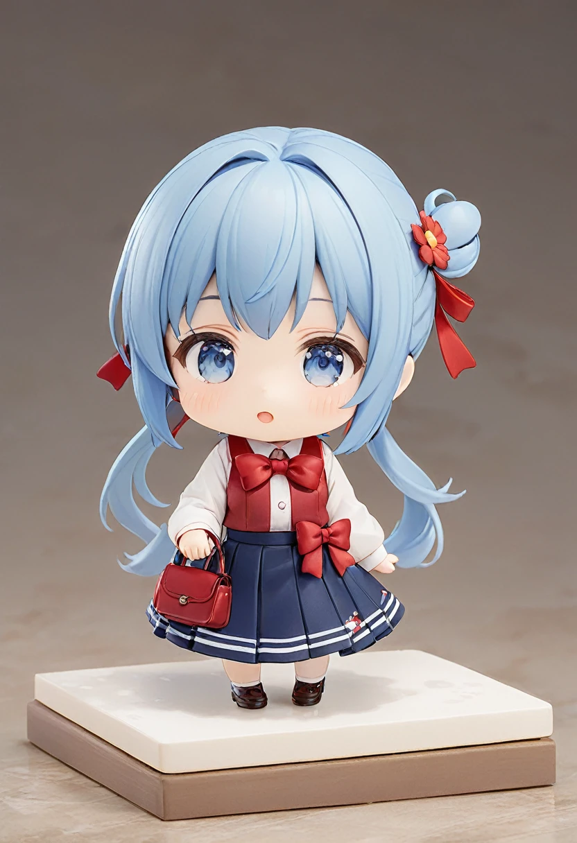 Blue Hair，Double low ponytail，Ponytail with red flower hairpin，Navy blue，skirt，Red bow tie，Q version，Tiny cute