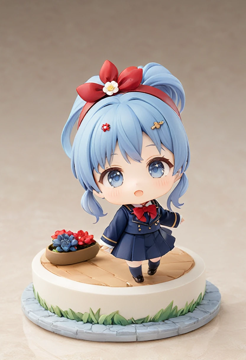 Blue Hair，Double low ponytail，Ponytail with red flower hairpin，Navy blue，skirt，Red bow tie，Q version，Tiny cute