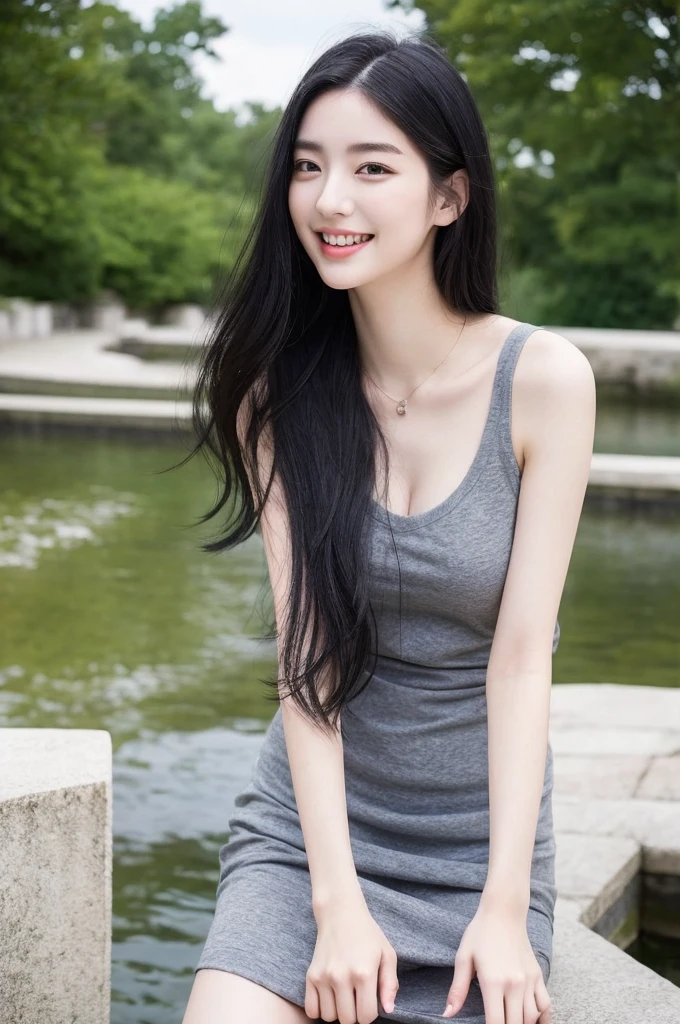 22-year-old girl, with gray eyes, pale white skin, slim figure, smiling, black hair, fashionable, photo taken with an ultra-realistic professional camera, she is in a beautiful place