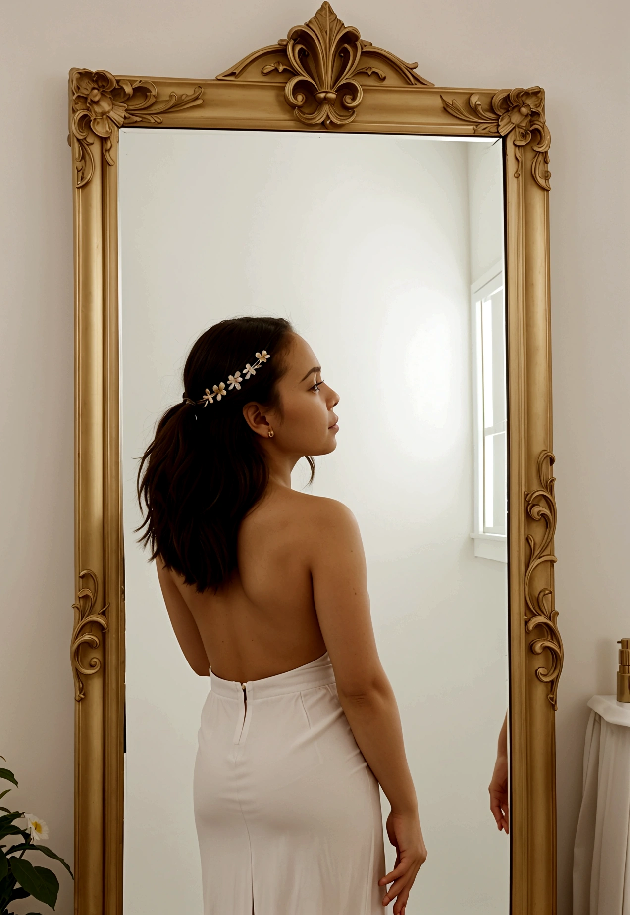Person in front of a mirror. The person's expression must be one of self-reflection. Include visual elements that represent change and growth. Use a color palette that evokes hope and renewal.