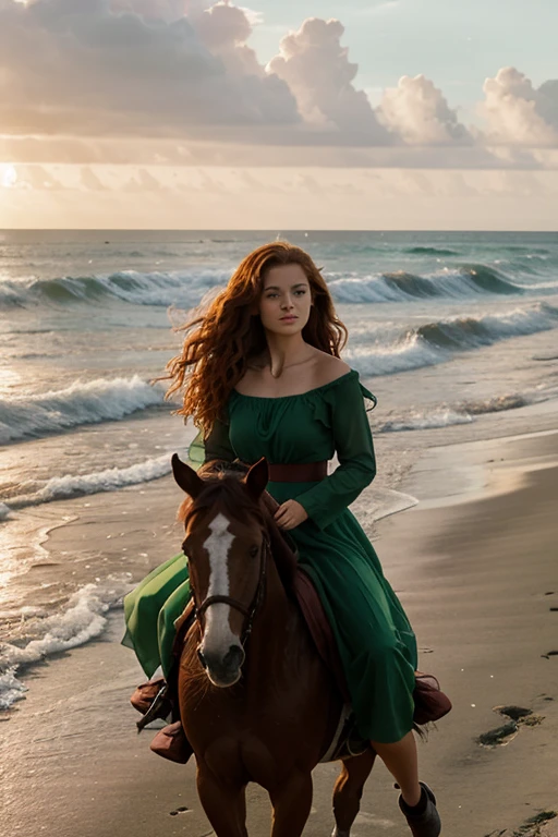 A girl with red long curly hair gallops along the seashore on horseback in a long green dress. At sunset. Where is the horse's head??