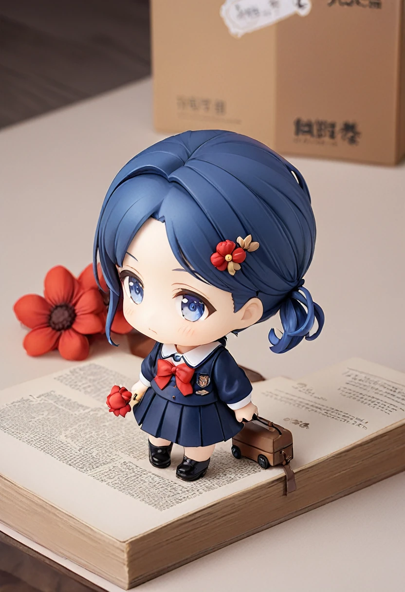 Blue Hair，Double low ponytail，Ponytail with red flower hairpin，Navy blue，skirt，Red bow tie，Q version
