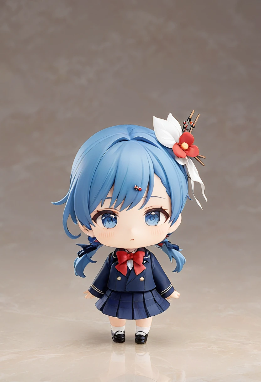 Blue Hair,Double low ponytail,Ponytail with red flower hairpin,Navy blue,skirt,Red bow tie,Q version