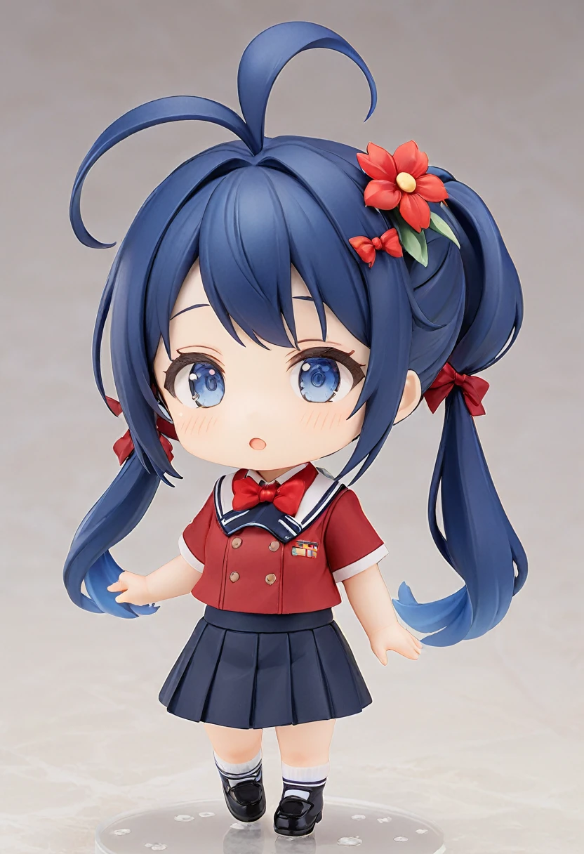 Blue Hair，Double low ponytail，Ponytail with red flower hairpin，Navy blue，skirt，Red bow tie，Q version
