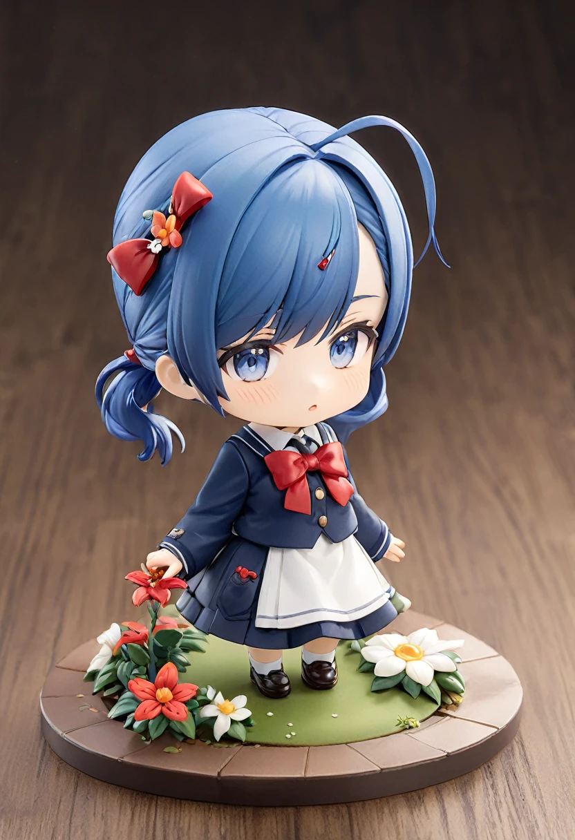 Blue Hair，Double low ponytail，Ponytail with red flower hairpin，Navy blue，skirt，Red bow tie，Q version
