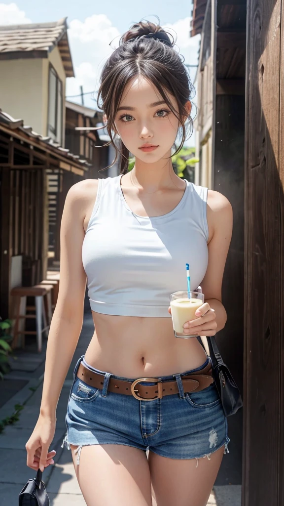 Mariam, Highest quality,(beauty), One Girl,Physically Based Rendering ,Ultra-high resolution,(Cowboy Shot:1.5),Tight waist, skinny, Leona MS , Big Blue Eyes,Long legs,((Sexy sleeveless tank top))、((Super mini shorts)),Leather Belt,,Medium milk beautiful milk、,Slightly puffy eyes, Leather Belt,(Hawaii Town), Shiny skin, Face-to-face viewer, I'm looking forward to fighting you、(Holding a silver pistol)、(Protruding nipples)、((Sexy sleeveless tank top))、(Sexy thighs、((Big eyes、A clean and fresh face))、((Sexy camisole sleeveless))、Beautiful abs are cool、((Sexy Shorts)、(Sexy pose))、A dazzling smile with white teeth