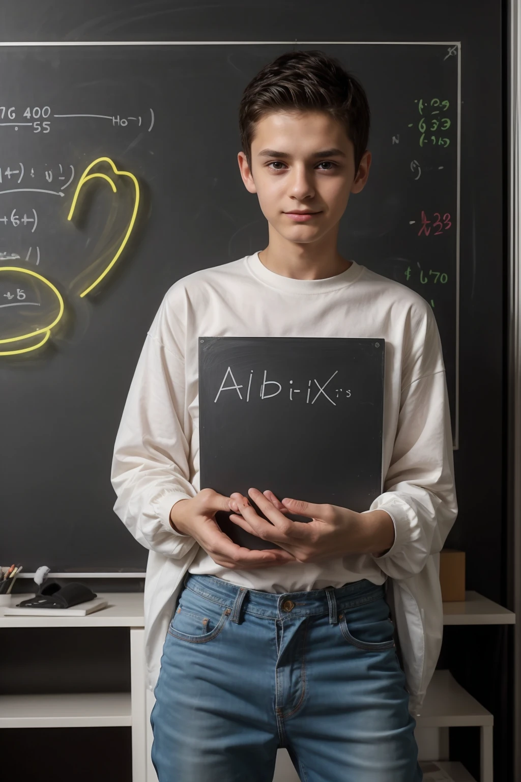 A cute, beautiful, young male twink with black hair, wearing a luxurious, bright white, long-sleeved shirt and jeans. He is in his office, and behind him is a blackboard with calculus written on it. Neon energy comes out of the blackboard, and he looks on proudly, and next to him is a mind map.