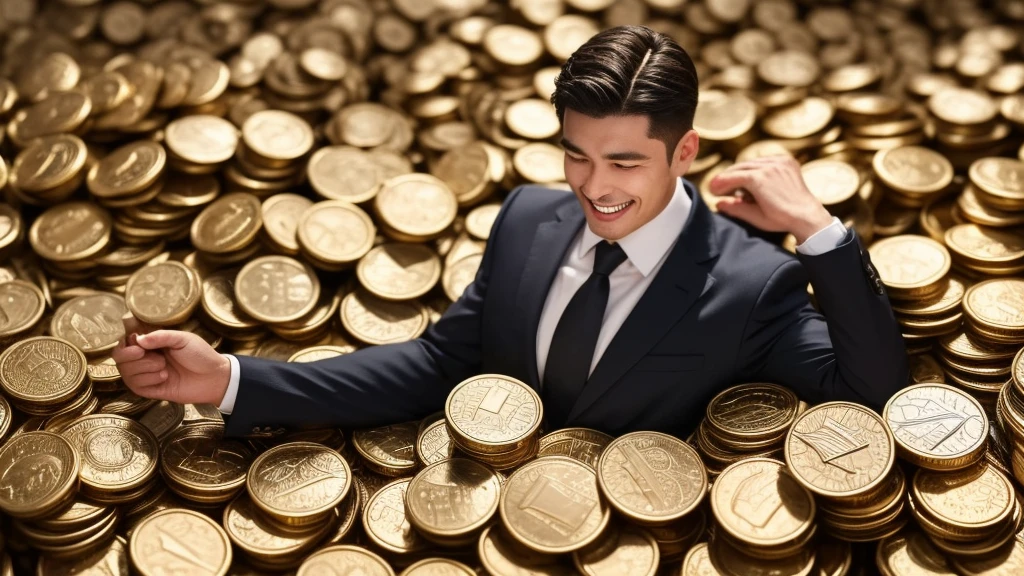 A man was wearing a suit and revealing his upper body inside a pile of coins. It was raining with coins in the sky, and he was holding a stack of gold bricks in his arms, laughing happily