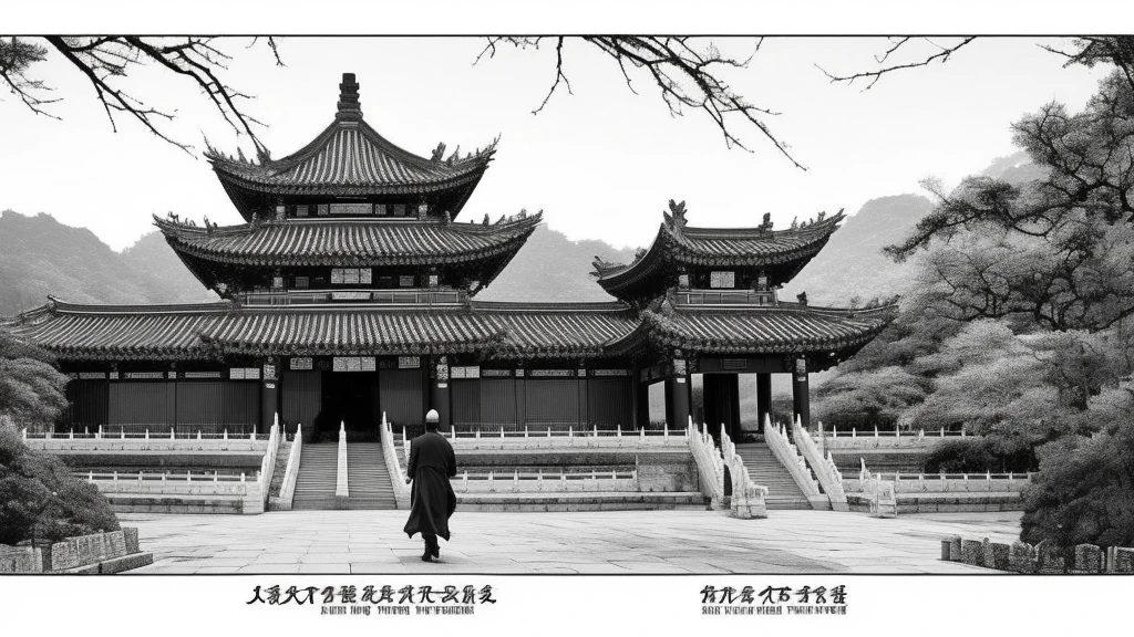 A man walking with a sword，Chinese ancient costume，,inauspicious,High Detail，Low Angle of View，Endless Darkness，Across the Sea。Over the sea，Only those ancient temples shine，There is a divine rainbow connecting them，Build into a road。besides，Nothing to see，Even the sea boundary is out of sight.，Pitch black as ink，Even if you have the eyes of heaven, it is difficult to see through all that。Jieyin Ancient Temple，Holy Brilliance，Leading to darkness，Black and White