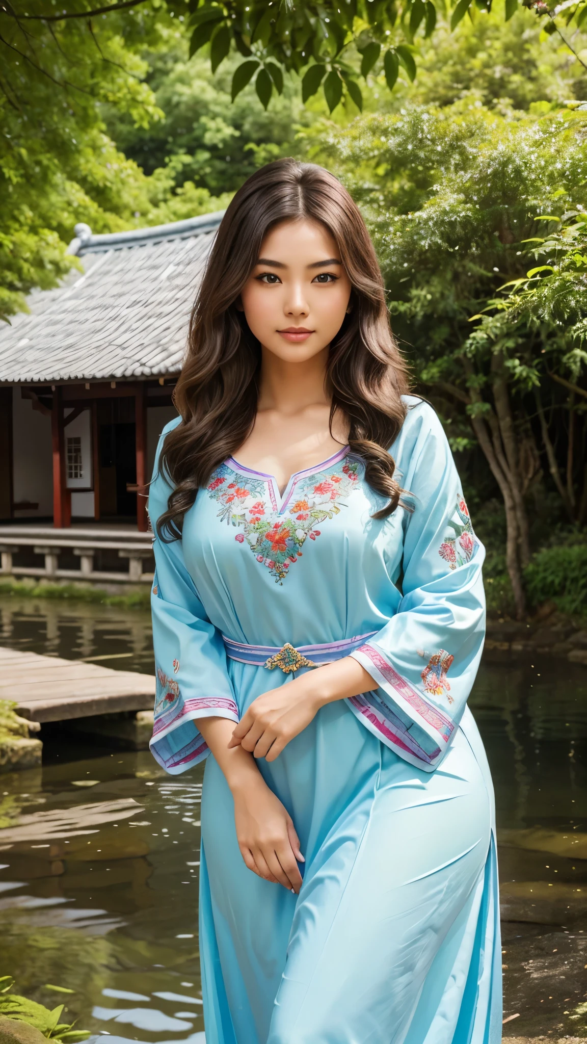 Create an 8k, high-quality, UHD photo of a beautiful Japanese girl with a chubby body, slim belly, and slim waist. She should be dressed as a princess in a modern, elegant embroidered outfit with a different style. Change her attire to a traditional yet stylish embroidered dress in vibrant colors. The dress should be intricately designed with detailed patterns, reflecting cultural richness.
Capture her full-length body, showcasing smooth, spotless white skin, and a beautiful face with light blue eyes, long thick eyelashes, and well-shaped thick eyebrows. Her wavy hair should frame her face perfectly.
The background should depict a serene village scene with traditional houses, greenery, and winding paths. Include elements like a calm river running through the village, children playing, villagers engaging in daily activities, and farm animals. The setting should be warm and welcoming, with vibrant colors and detailed textures to enhance the village atmosphere.
