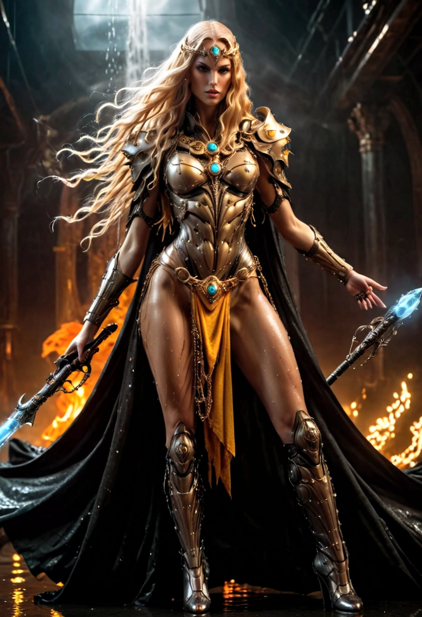 a tall lady warrior in perfect body proportion, perfect face, perfect body, futuristic royal regalia, wet cloak, very long-golden hair, blowing hair, weapon-armor, google helmet, medusa head, one hand pointing the sky, high heels, chakra-golden rays surrounded, mystical aura, ethereal, fire element, death massive-flames in background, dark moon, unreal engine, cinema art photographic, cinematic motion picture, 8k, super detailed, bottom view, bottom camera angle
