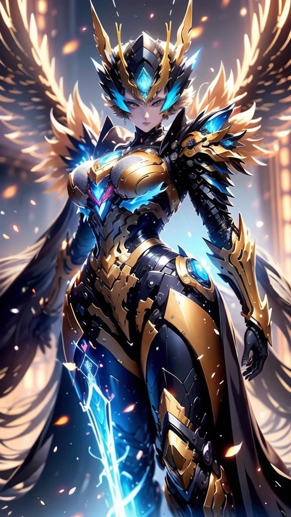 A woman adorned in fantasy-style full-body armor, a crown-concept fully enclosed helmet that unveils only her eyes, a composite layered chest plate, fully encompassing shoulder and hand guards, a lightweight waist armor, form-fitting shin guards, the overall design is heavy-duty yet flexible, (the armor gleams with a golden glow, complemented by red and blue accents), exhibiting a noble aura, she floats above a fantasy-surreal high-tech city, this character embodies a finely crafted fantasy-surreal style armored hero in anime style, exquisite and mature manga art style, (mixture of Queen bee and Spider concept Armor, plasma), ((Element, elegant, goddess, femminine:1.5)), metallic, high definition, best quality, highres, ultra-detailed, ultra-fine painting, extremely delicate, professional, anatomically correct, symmetrical face, extremely detailed eyes and face, high quality eyes, creativity, RAW photo, UHD, 32k, Natural light, cinematic lighting, masterpiece-anatomy-perfect, masterpiece:1.5