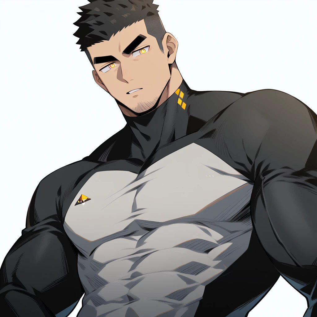 one negro, anime characters:Gyee, Hibino Kafka, One Muscle Sports Student, negro black skin, Very Black, muscular tough guy, Manliness, male focus, Grey long sleeve turtleneck tight t-shirt, Regular symmetrical pattern, Very tight, muscular male, muscular, only, Upper body, alone, Black short hair, Thick eyebrows, stubble, Yellow eyes, White background, simple background, amazing quality, best aesthetics, Ridiculous, bright pupils, crew cut, parted lips, v-shaped eyebrows, jitome, best quality