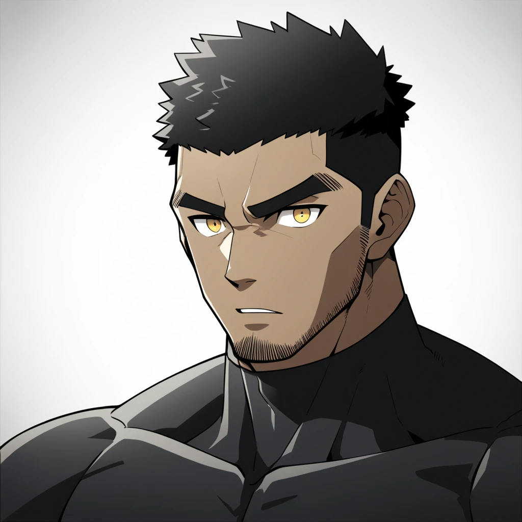 one negro, anime characters:Gyee, Hibino Kafka, One Muscle Sports Student, negro black skin, Very Black, muscular tough guy, Manliness, male focus, Grey long sleeve turtleneck tight t-shirt, Regular symmetrical pattern, Very tight, muscular male, muscular, only, Upper body, alone, Black short hair, Thick eyebrows, stubble, Yellow eyes, White background, simple background, amazing quality, best aesthetics, Ridiculous, bright pupils, crew cut, parted lips, v-shaped eyebrows, jitome, best quality