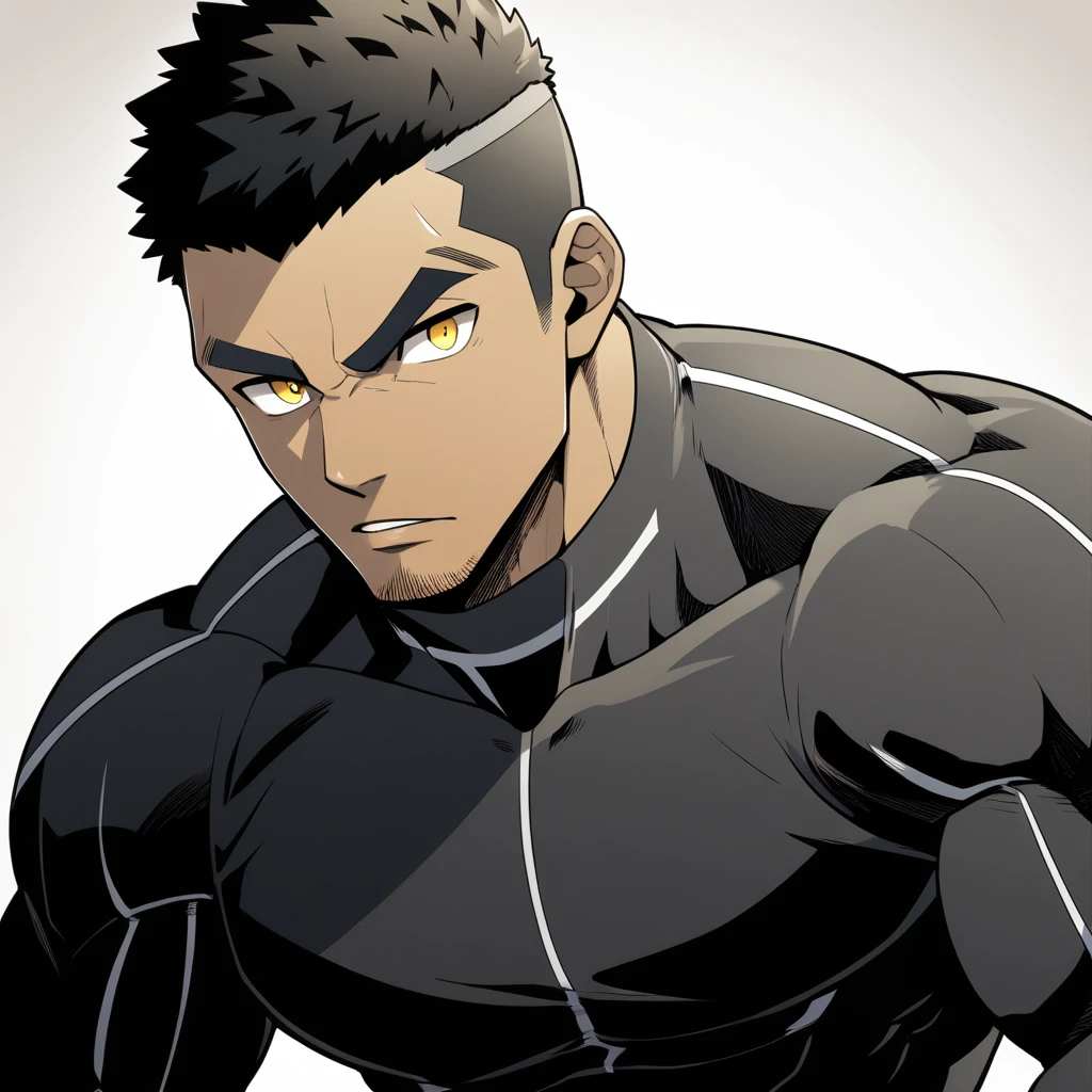 one , anime characters:Gyee, Hibino Kafka, One Muscle Sports Student, negrok skin, Very Black, muscular tough guy, Manliness, male focus, Grey long sleeve turtleneck tight t-shirt, Regular symmetrical pattern, Very tight, muscular male, muscular, only, Upper body, alone, Black short hair, Thick eyebrows, stubble, Yellow eyes, White background, simple background, amazing quality, best aesthetics, Ridiculous, bright pupils, crew cut, parted lips, v-shaped eyebrows, jitome, best quality