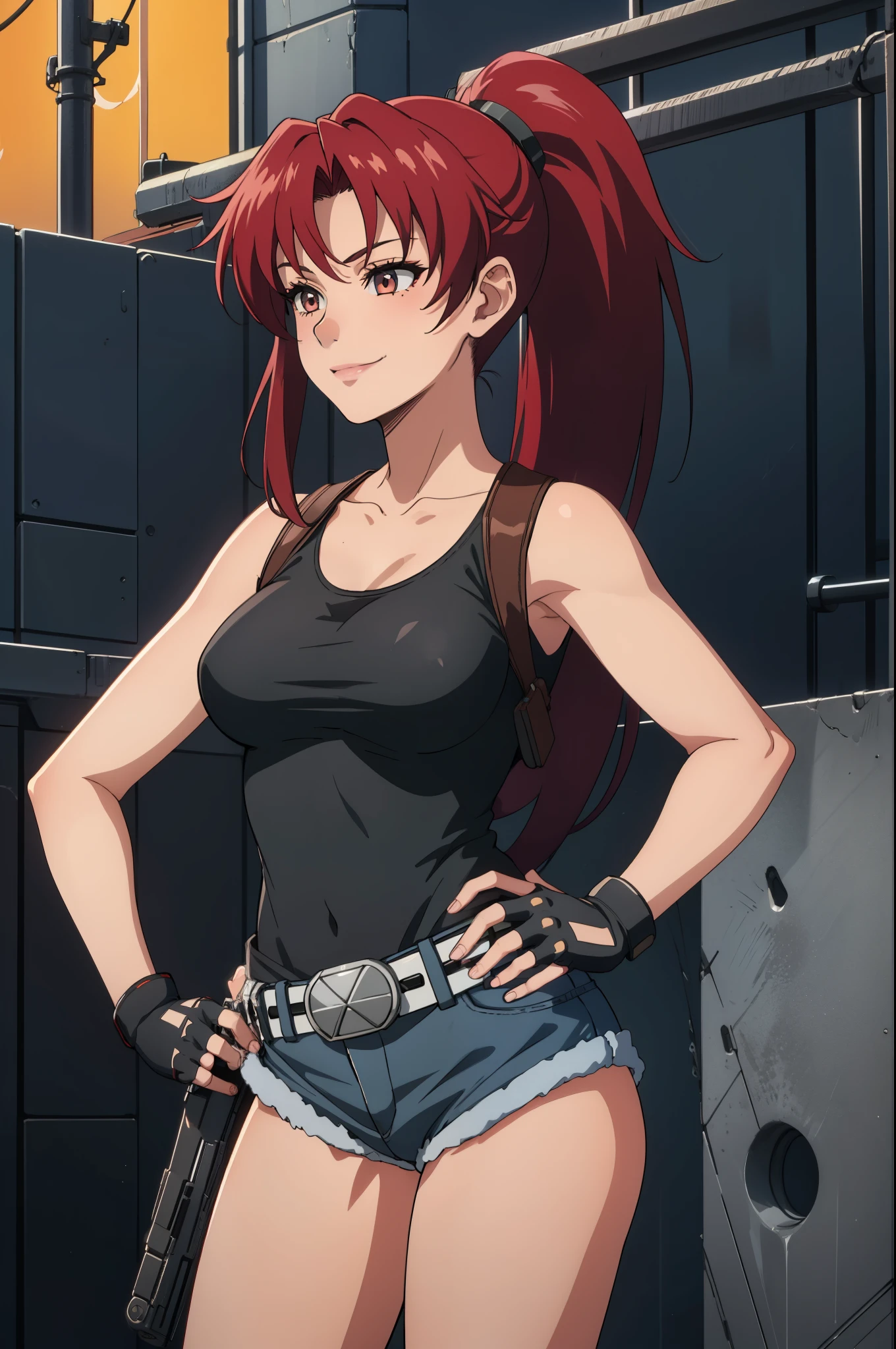 1girl, cute, sexy, red hair, cowboy shot, solo, revy, evil smile, holding gun, handgun, pistol, ponytail, tank top, fingerless gloves, denim shorts, holster, belt, newest