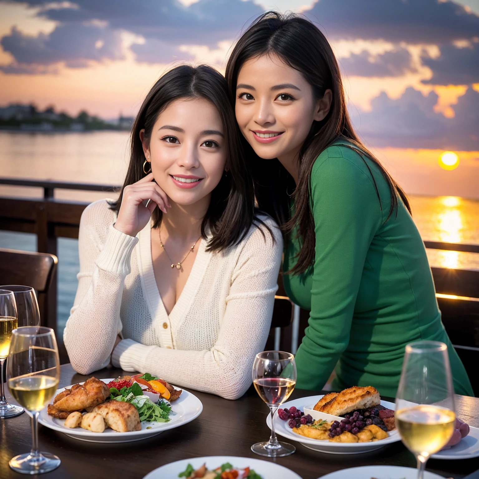 ((Highest quality、8k、masterpiece:1.3))、 (Genuineistic, Genuine、Bright image、Intricate details:1.2), 最高のsmile、1 male, 1 female、Beautiful couple、Satomi Ishihara-like lover、Good friend、actress couple、smile、Full-course dinner at a packed table、 (Slim face), (the body is slim), (Brown Hair), (short hair), テーブルのwine glass、Please shine a light on my face、 Amazing view of the sunset sky and clouds、 (33 years old)38 years old, red wine 、Appetizers、Wine bottle、sparkling wine、Long sleeve shirt、dress、White wine, red wine, wine glass, 
