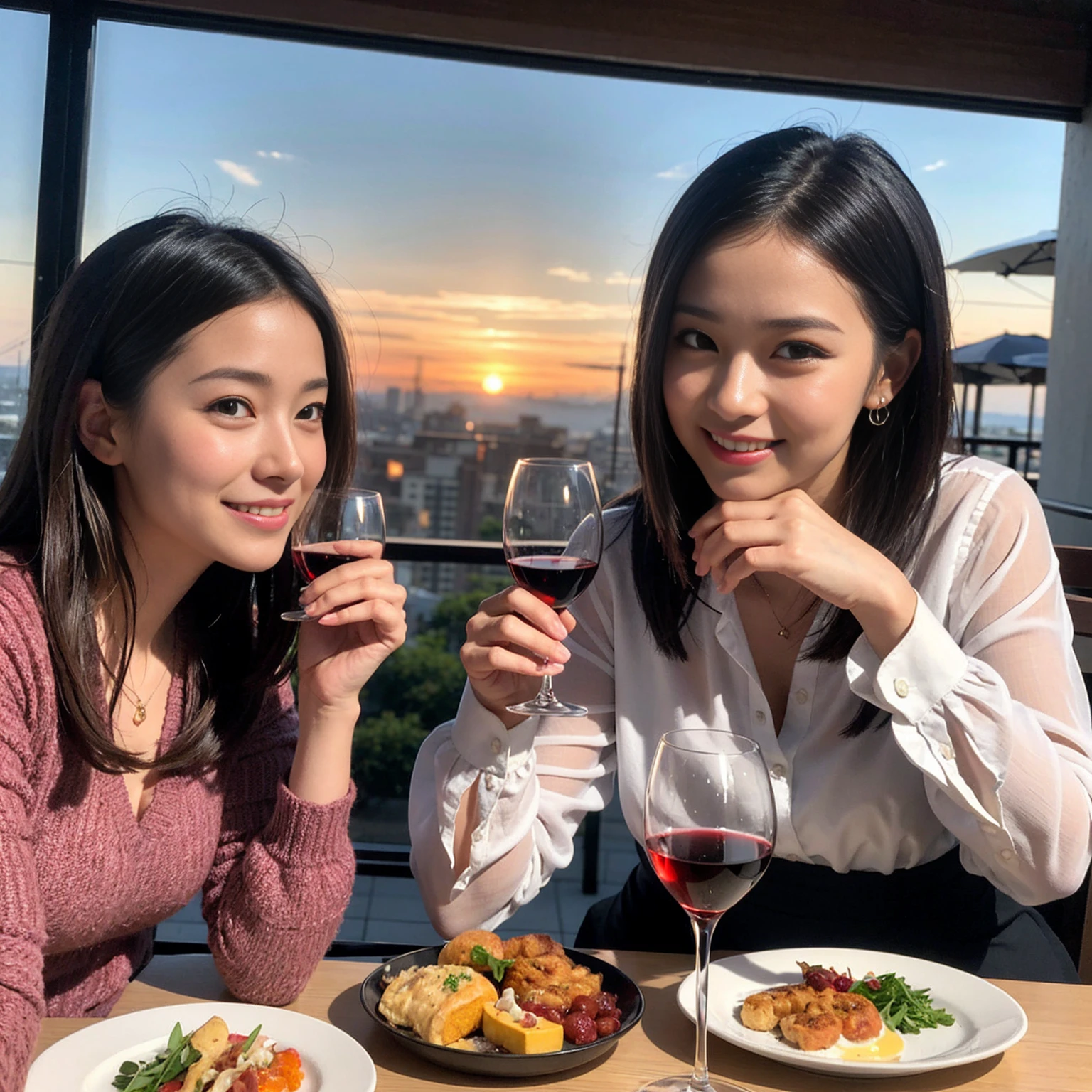 ((Highest quality、8k、masterpiece:1.3))、 (Genuineistic, Genuine、Bright image、Intricate details:1.2), 最高のsmile、1 male, 1 female、Beautiful couple、Satomi Ishihara-like lover、Good friend、actress couple、smile、Full-course dinner at a packed table、 (Slim face), (the body is slim), (Brown Hair), (short hair), テーブルのwine glass、Please shine a light on my face、 Amazing view of the sunset sky and clouds、 (33 years old)38 years old, red wine 、Appetizers、Wine bottle、sparkling wine、Long sleeve shirt、dress、White wine, red wine, wine glass,