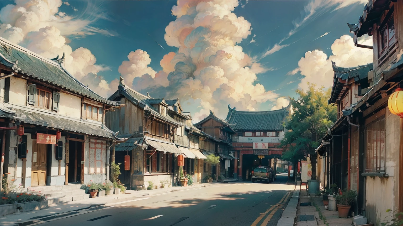 Oil_,architecture, Traditional Chinese Street,Sunlight, Flowers, Green Plants,((Blue sky)),((cloud)),